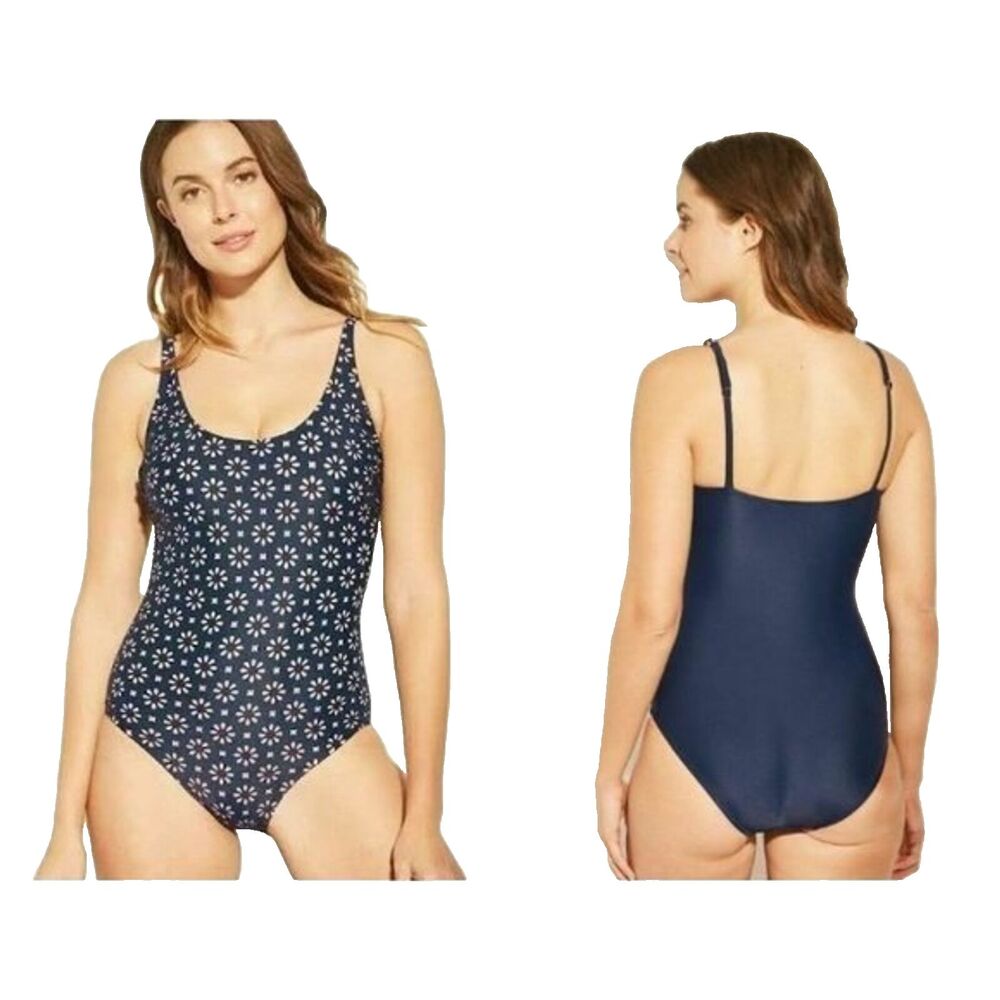 One Piece Swimsuit by Kona Sol Laser Cut Out Bathing Suit - Navy/Pink, S (4-6)